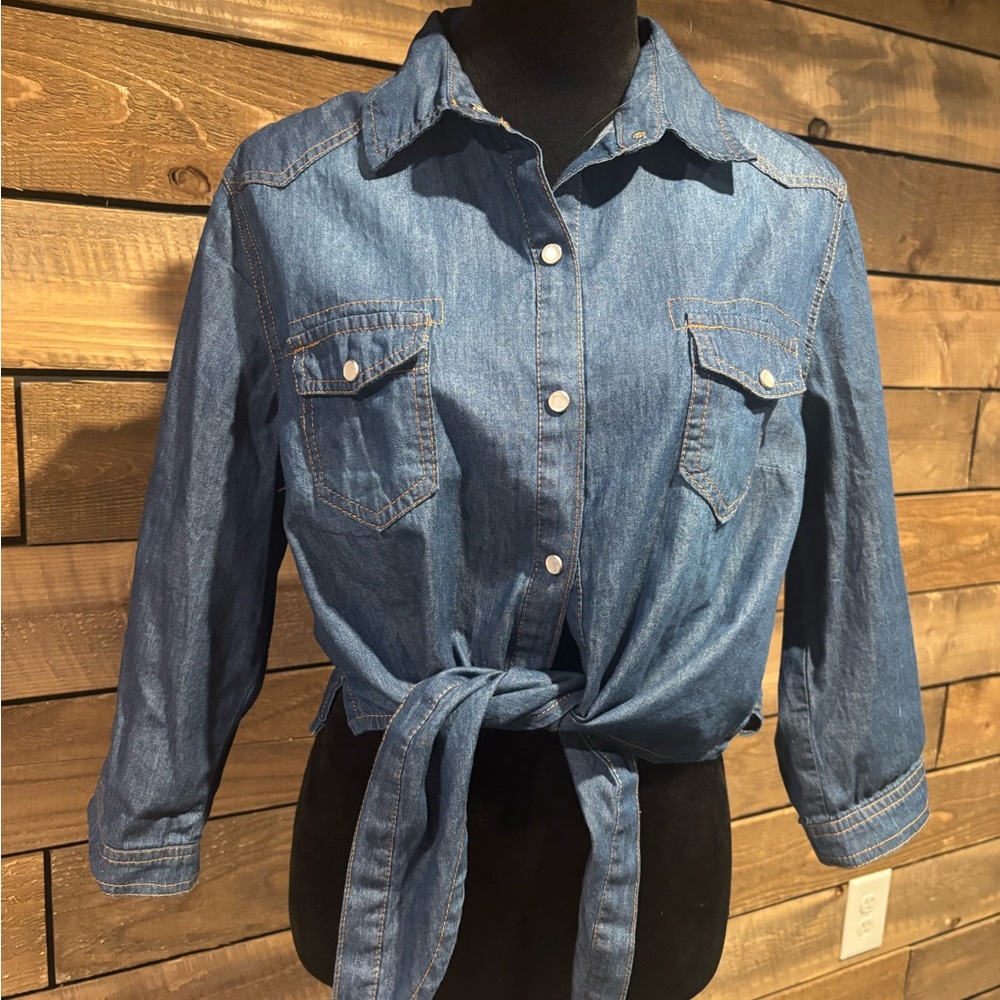 Denim Button-Up Tie-Front Shirt